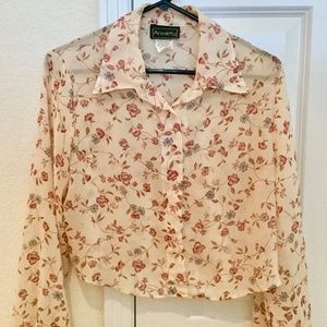 Vintage flower print button down flowy blouse